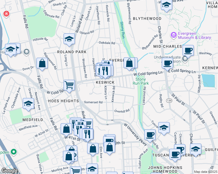 map of restaurants, bars, coffee shops, grocery stores, and more near 501 Wingate Road in Baltimore