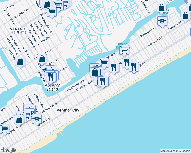 map of restaurants, bars, coffee shops, grocery stores, and more near 1 North Victoria Avenue in Ventnor City