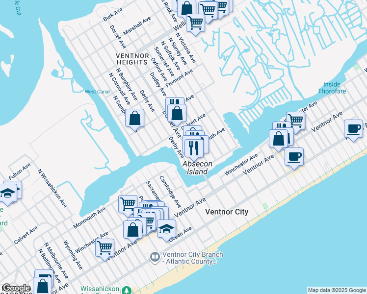 map of restaurants, bars, coffee shops, grocery stores, and more near 201 North Dorset Avenue in Ventnor City