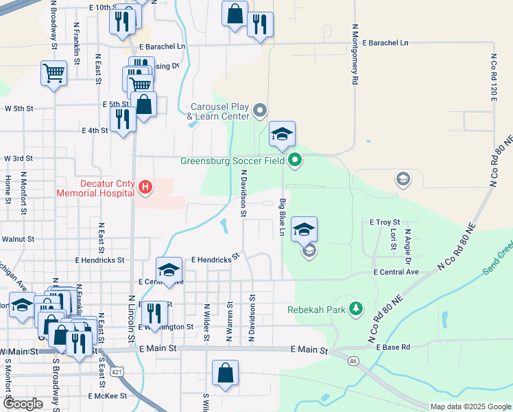 map of restaurants, bars, coffee shops, grocery stores, and more near 800 North Davidson Street in Greensburg