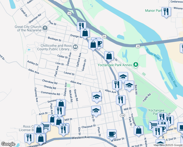 map of restaurants, bars, coffee shops, grocery stores, and more near 1 Cavalier Court in Chillicothe