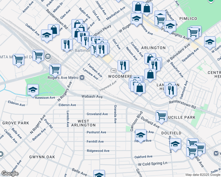 map of restaurants, bars, coffee shops, grocery stores, and more near 4137 Hayward Avenue in Baltimore