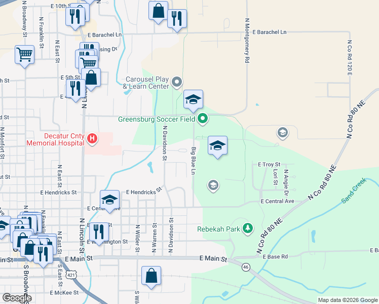 map of restaurants, bars, coffee shops, grocery stores, and more near 922 East Edward Court in Greensburg