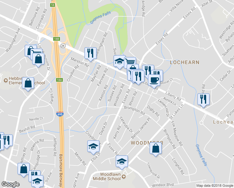 map of restaurants, bars, coffee shops, grocery stores, and more near 3514 Woodmoor Road in Lochearn