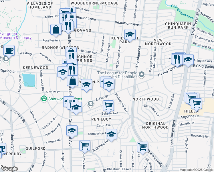 map of restaurants, bars, coffee shops, grocery stores, and more near 820 East 43rd Street in Baltimore