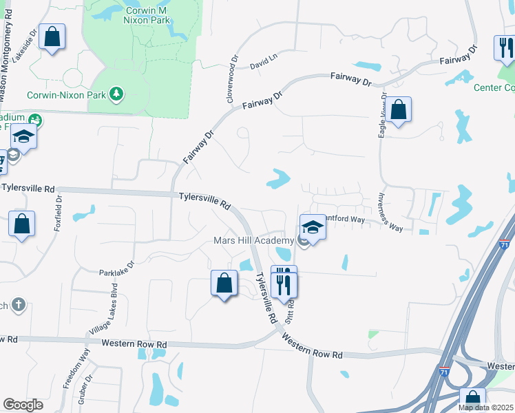 map of restaurants, bars, coffee shops, grocery stores, and more near 4212 Fieldsedge Drive in Mason