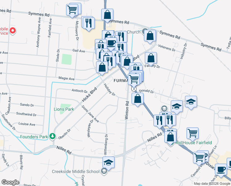 map of restaurants, bars, coffee shops, grocery stores, and more near 4918 Holiday Drive in Fairfield
