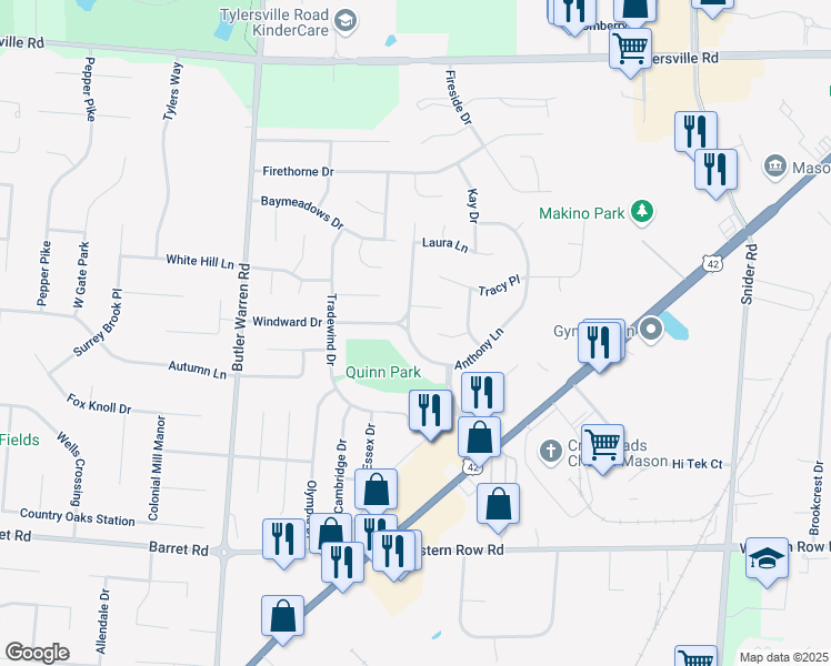 map of restaurants, bars, coffee shops, grocery stores, and more near 1302 Anthony Lane in Mason