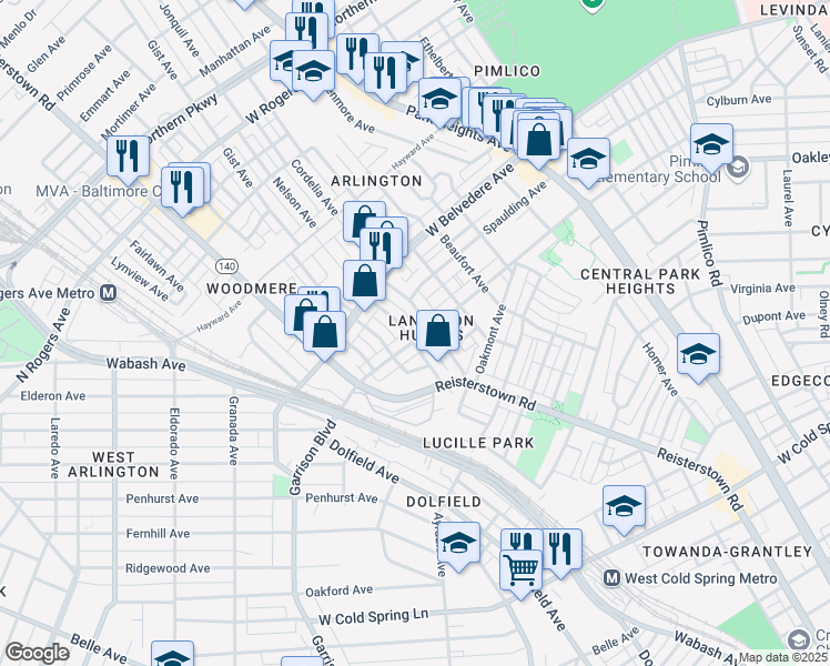 map of restaurants, bars, coffee shops, grocery stores, and more near 3814 West Garrison Avenue in Baltimore