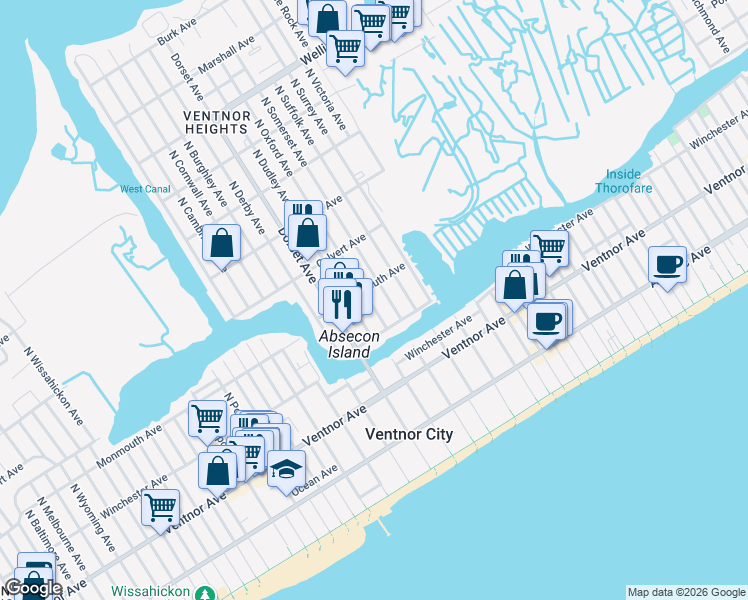 map of restaurants, bars, coffee shops, grocery stores, and more near 129 North Oxford Avenue in Ventnor City