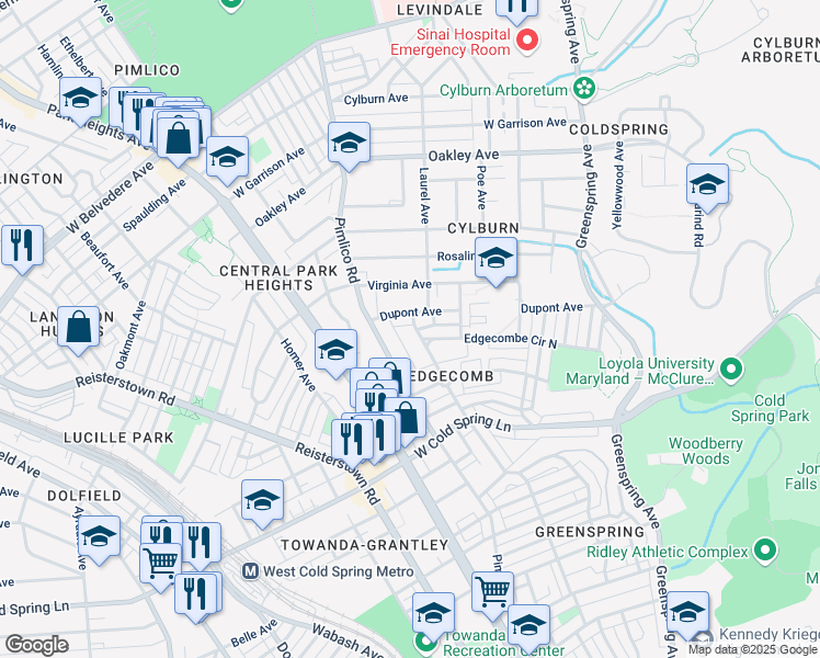 map of restaurants, bars, coffee shops, grocery stores, and more near 4658 Pall Mall Road in Baltimore