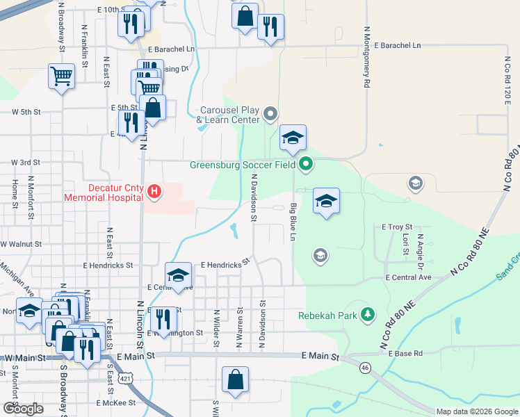 map of restaurants, bars, coffee shops, grocery stores, and more near 800 North Davidson Street in Greensburg