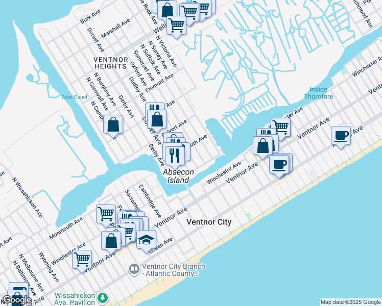 map of restaurants, bars, coffee shops, grocery stores, and more near 122 North Oxford Avenue in Ventnor City