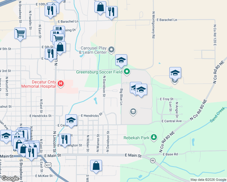 map of restaurants, bars, coffee shops, grocery stores, and more near 921 East Colonial Manor Drive in Greensburg