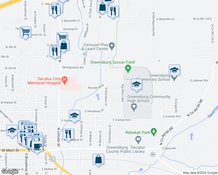 map of restaurants, bars, coffee shops, grocery stores, and more near 800 North Davidson Street in Greensburg