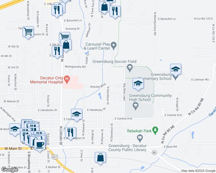 map of restaurants, bars, coffee shops, grocery stores, and more near 705 North Davidson Street in Greensburg