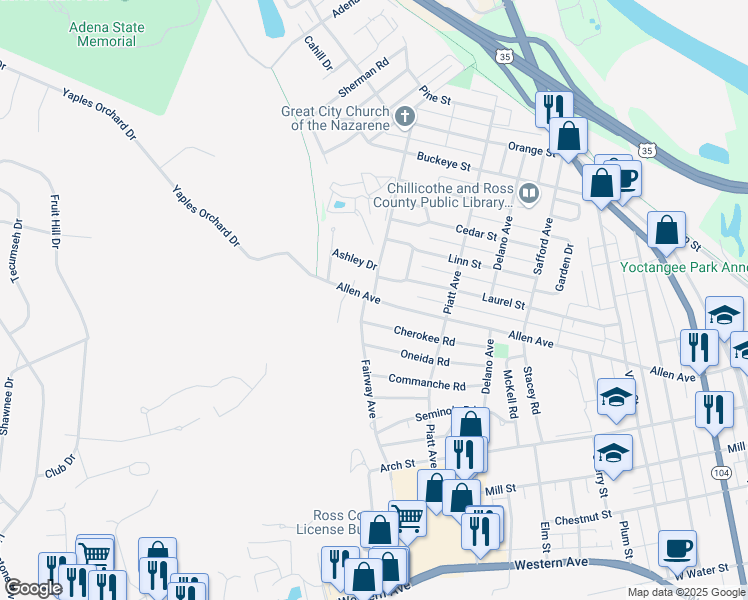 map of restaurants, bars, coffee shops, grocery stores, and more near 644 Allen Avenue in Chillicothe