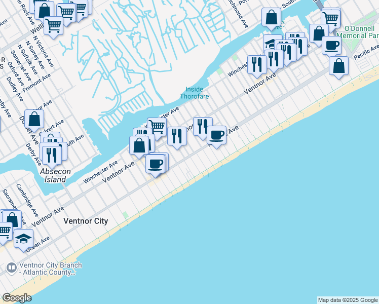 map of restaurants, bars, coffee shops, grocery stores, and more near 4911 Atlantic Avenue in Ventnor City