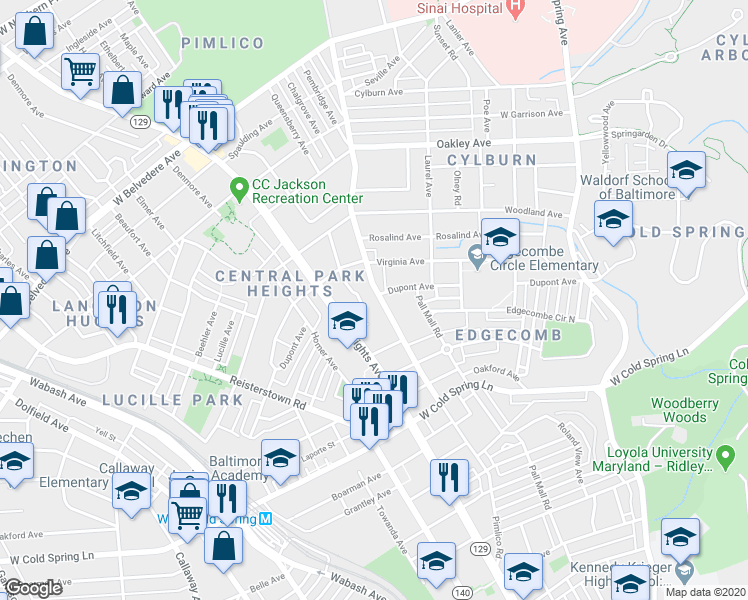 map of restaurants, bars, coffee shops, grocery stores, and more near 4624 Pimlico Road in Baltimore
