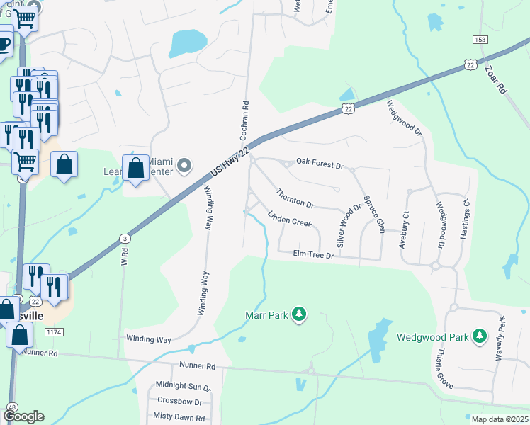 map of restaurants, bars, coffee shops, grocery stores, and more near 653 Linden Creek in Morrow
