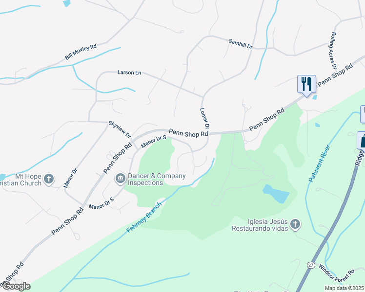 map of restaurants, bars, coffee shops, grocery stores, and more near 13241 Manor Drive South in Mount Airy