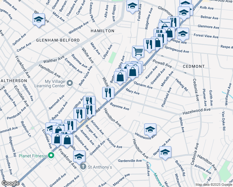 map of restaurants, bars, coffee shops, grocery stores, and more near Belair Road & White Avenue in Baltimore