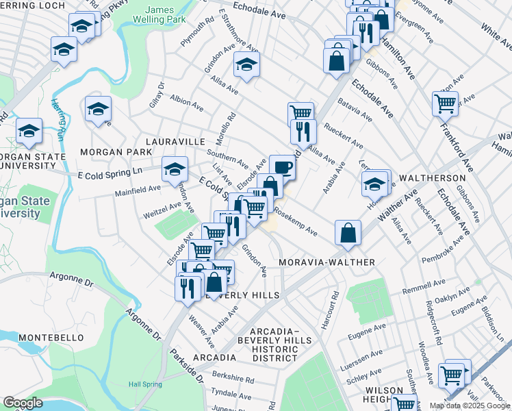 map of restaurants, bars, coffee shops, grocery stores, and more near 4700 Harford Road in Baltimore