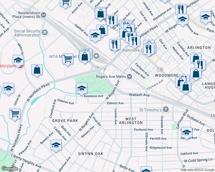 map of restaurants, bars, coffee shops, grocery stores, and more near 5500 Wabash Avenue in Baltimore