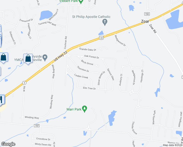 map of restaurants, bars, coffee shops, grocery stores, and more near 825 Thornton Drive in Morrow