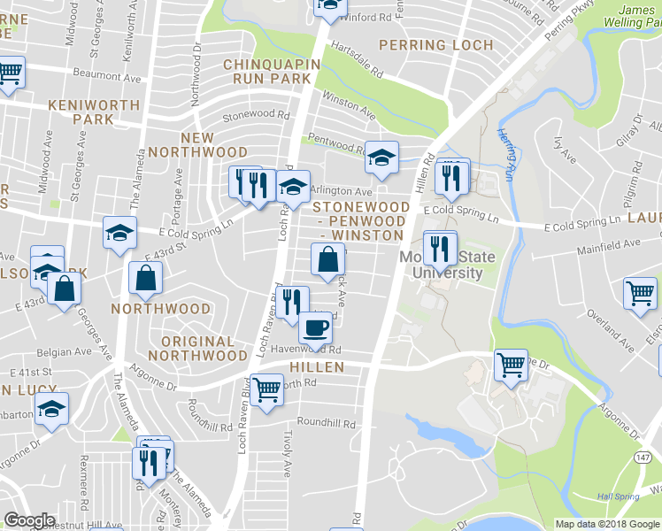 map of restaurants, bars, coffee shops, grocery stores, and more near 1540 Northwick Road in Baltimore