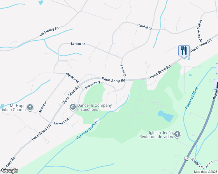 map of restaurants, bars, coffee shops, grocery stores, and more near 13241 Manor Drive South in Mount Airy