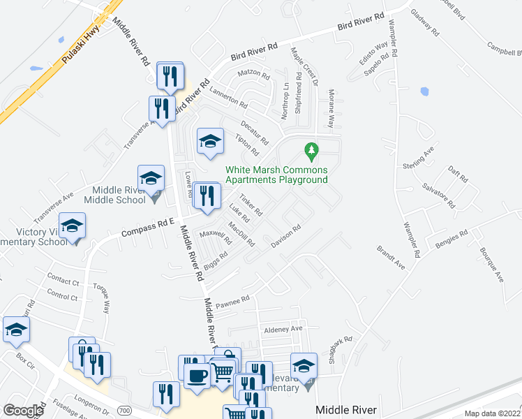 map of restaurants, bars, coffee shops, grocery stores, and more near 9704 Leah Way in Middle River