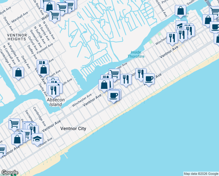 map of restaurants, bars, coffee shops, grocery stores, and more near 3 South Weymouth Avenue in Ventnor City