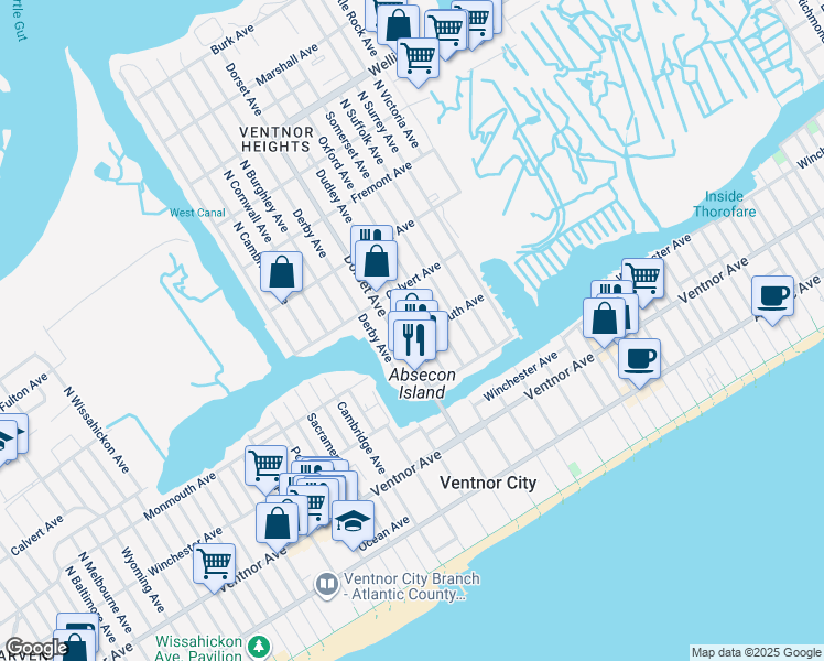 map of restaurants, bars, coffee shops, grocery stores, and more near 201 North Dorset Avenue in Ventnor City