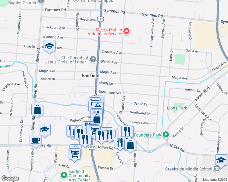 map of restaurants, bars, coffee shops, grocery stores, and more near 703 Doris Jane Avenue in Fairfield