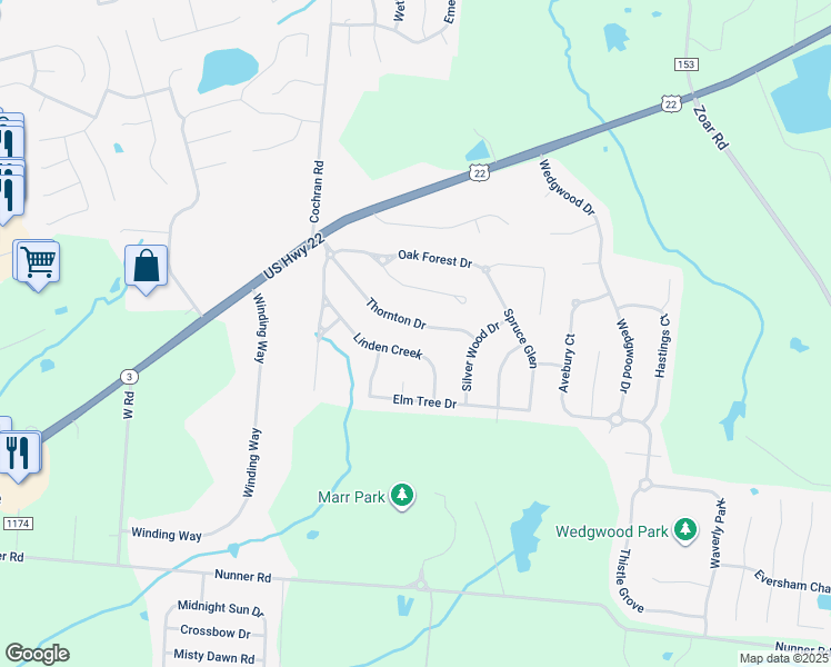 map of restaurants, bars, coffee shops, grocery stores, and more near 797 Thornton Drive in Morrow