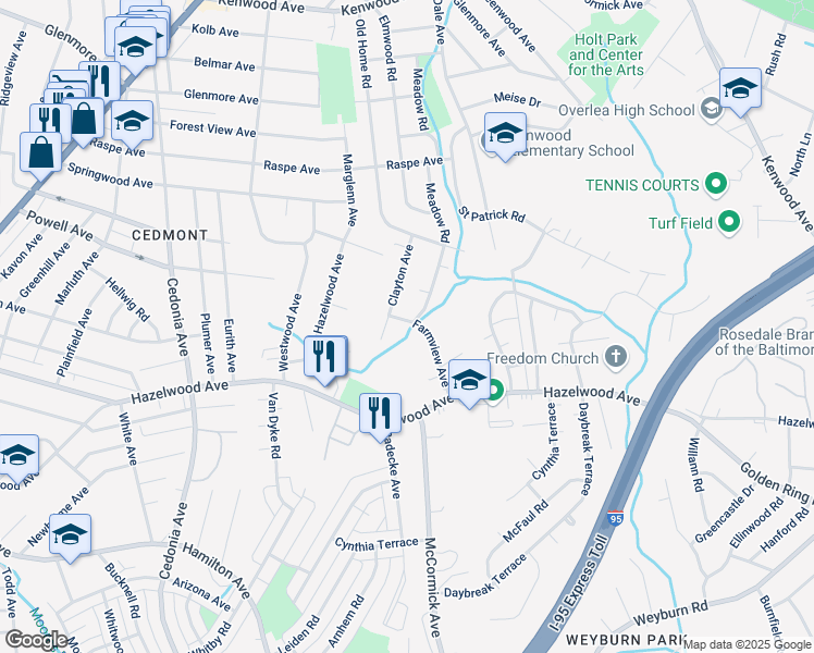 map of restaurants, bars, coffee shops, grocery stores, and more near 5912 Farmview Avenue in Baltimore