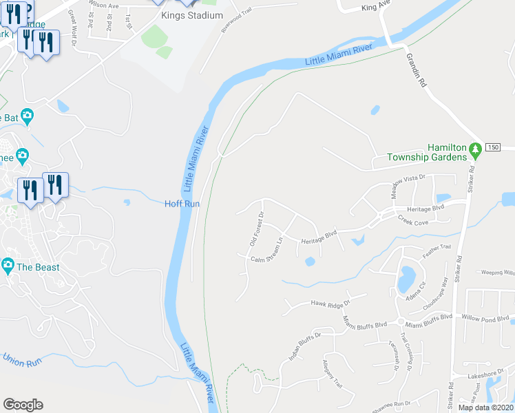 map of restaurants, bars, coffee shops, grocery stores, and more near 6113 Old Forest Drive in Maineville