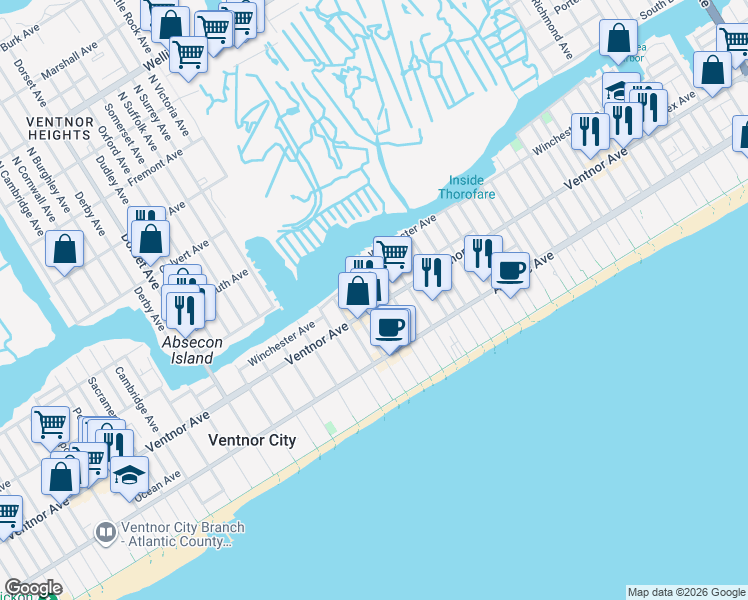 map of restaurants, bars, coffee shops, grocery stores, and more near 3 South Weymouth Avenue in Ventnor City