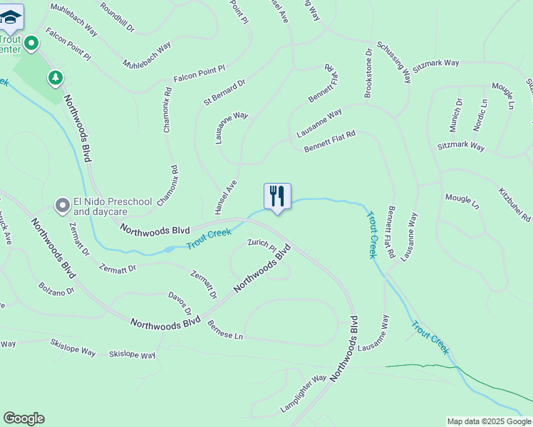map of restaurants, bars, coffee shops, grocery stores, and more near 11537 Northwoods Boulevard in Truckee