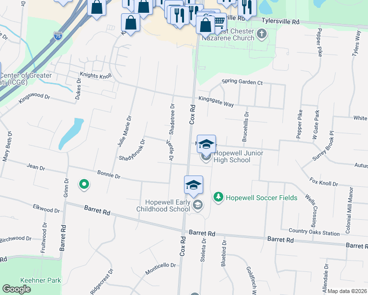 map of restaurants, bars, coffee shops, grocery stores, and more near 8173 Cox Road in Butler County