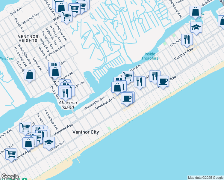 map of restaurants, bars, coffee shops, grocery stores, and more near 1 North Victoria Avenue in Ventnor City