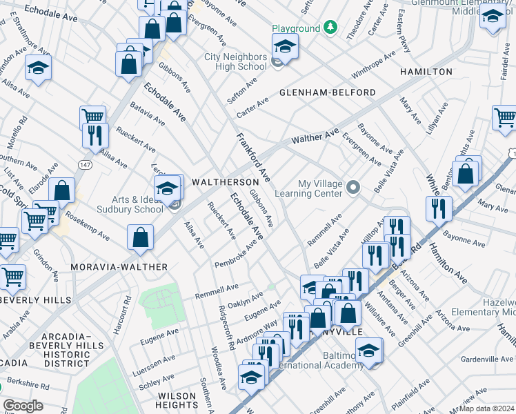 map of restaurants, bars, coffee shops, grocery stores, and more near 3705 Gibbons Avenue in Baltimore