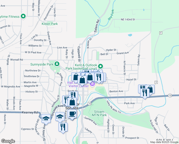 map of restaurants, bars, coffee shops, grocery stores, and more near 311 N Main St in Excelsior Springs