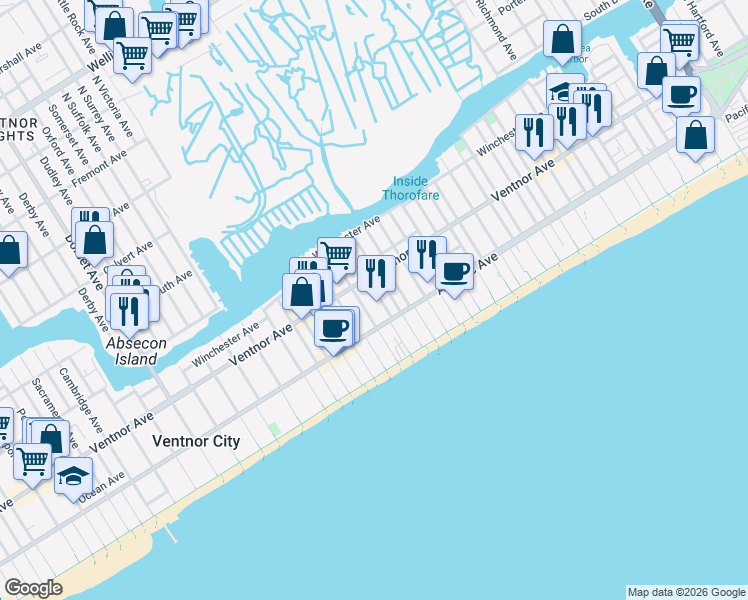 map of restaurants, bars, coffee shops, grocery stores, and more near 24 South Oakland Avenue in Ventnor City