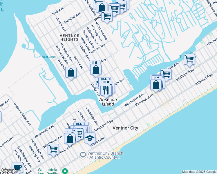 map of restaurants, bars, coffee shops, grocery stores, and more near 201 North Dorset Avenue in Ventnor City