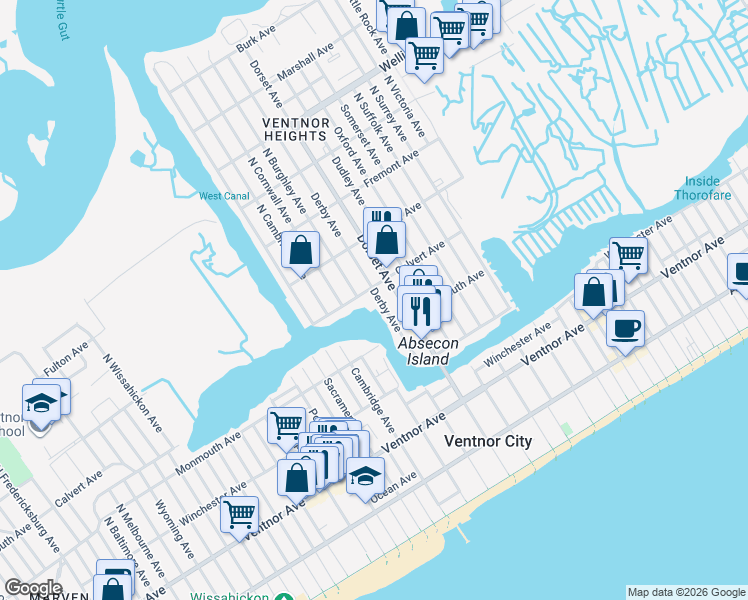 map of restaurants, bars, coffee shops, grocery stores, and more near 214 North Derby Avenue in Ventnor City