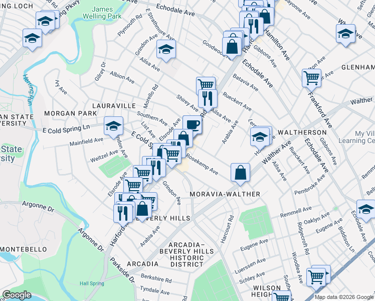 map of restaurants, bars, coffee shops, grocery stores, and more near 4719 Harford Road in Baltimore