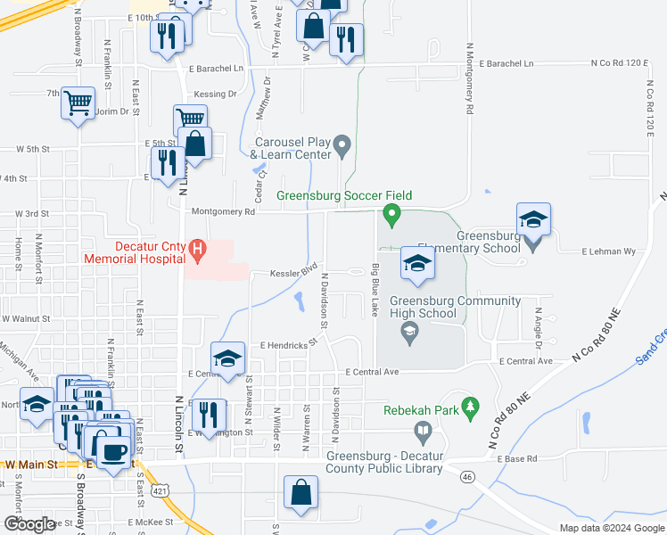 map of restaurants, bars, coffee shops, grocery stores, and more near 800 North Davidson Street in Greensburg