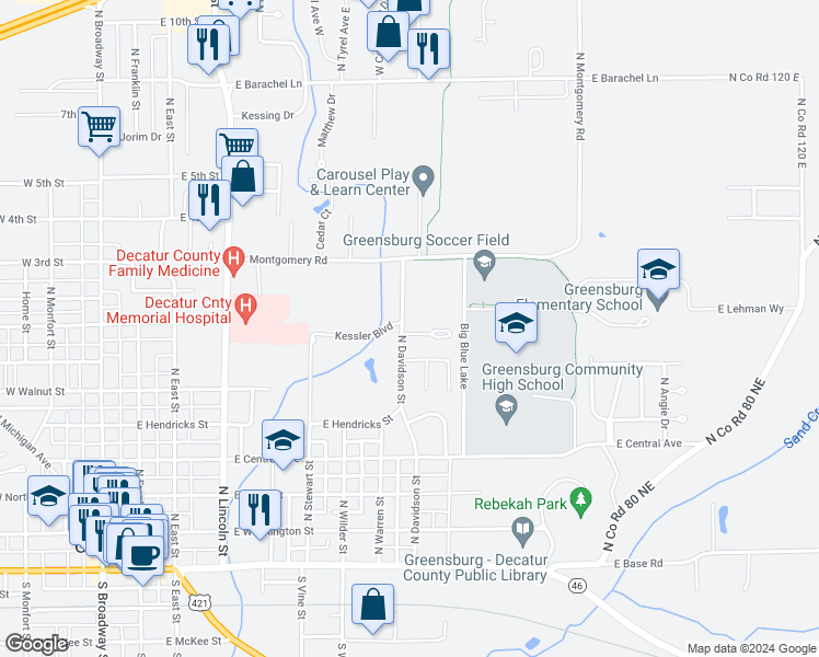map of restaurants, bars, coffee shops, grocery stores, and more near 800 North Davidson Street in Greensburg